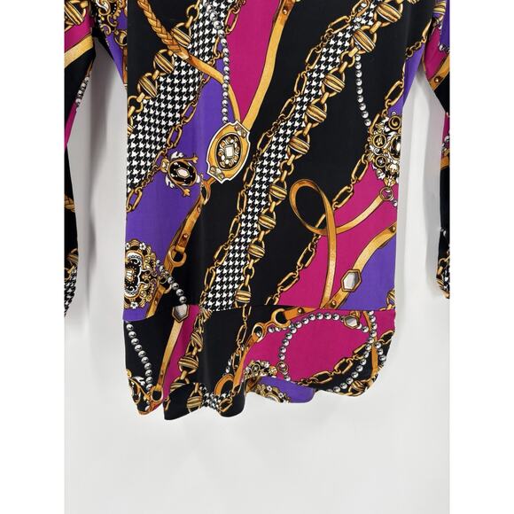 Cache Blouse Womens Medium Multicolor Chain Print Houndstooth Ruched Faux Wrap - Picture 10 of 16